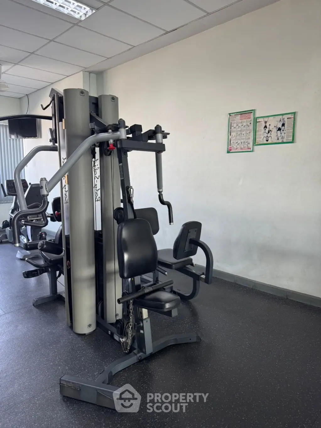 Modern gym with fitness equipment and exercise machines in a well-lit space.