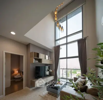 Luxurious high-ceiling living room with modern decor and large windows offering stunning city views.