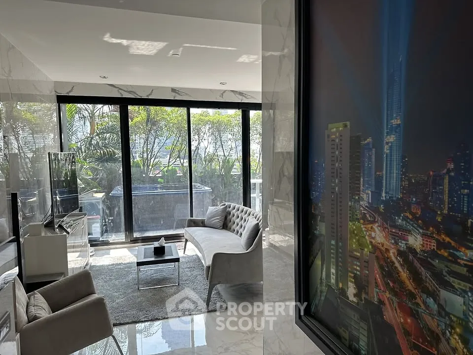 Luxurious living room with modern decor and stunning city view