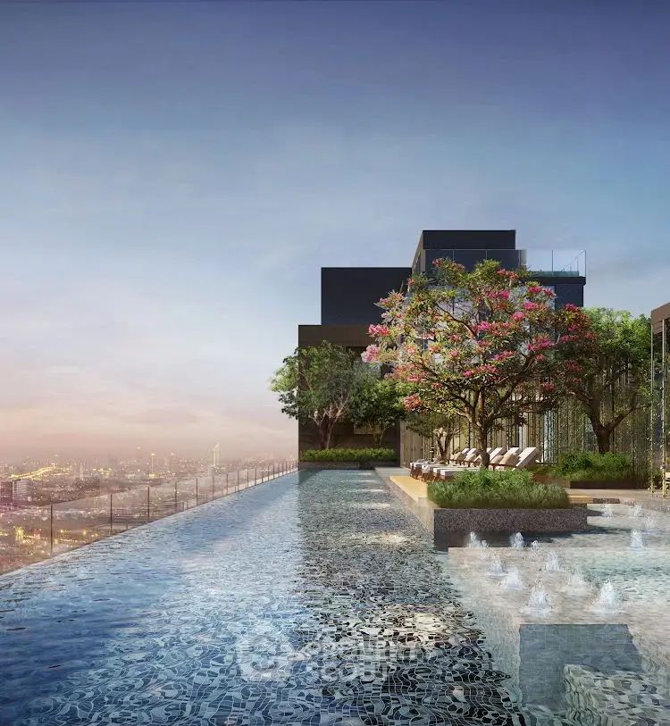 Luxurious rooftop pool with stunning city view and lush greenery