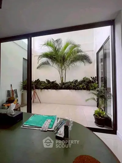 Modern indoor garden with lush greenery and sleek glass doors in a stylish home.
