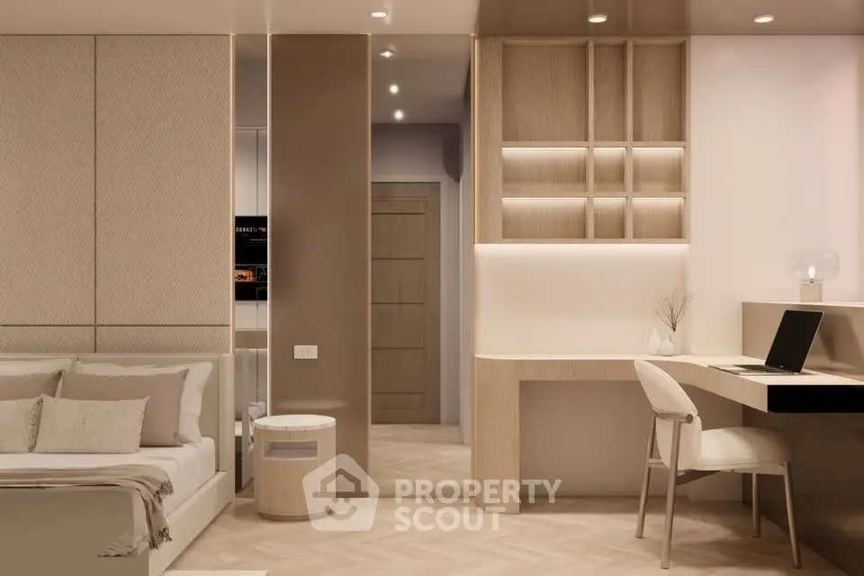 Modern bedroom with elegant study area and neutral tones