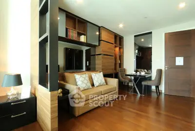 Modern living room with wooden accents and cozy seating area