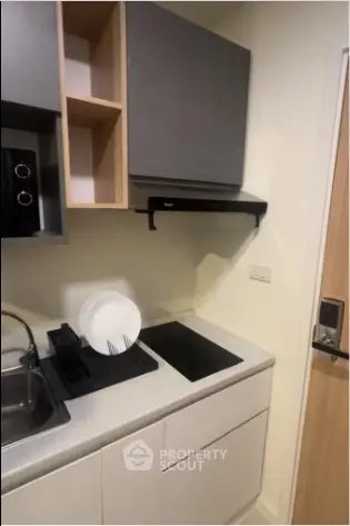 Modern compact kitchen with sleek cabinetry and electric cooktop in a stylish apartment.