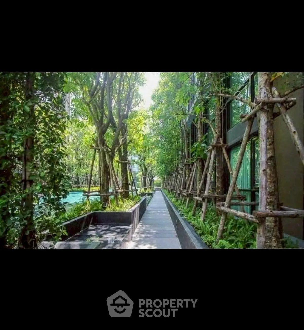 Lush green garden pathway with modern landscaping in luxury real estate setting.