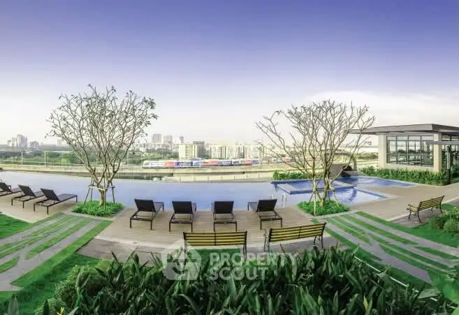 Luxurious rooftop pool with stunning city views and modern lounge area.