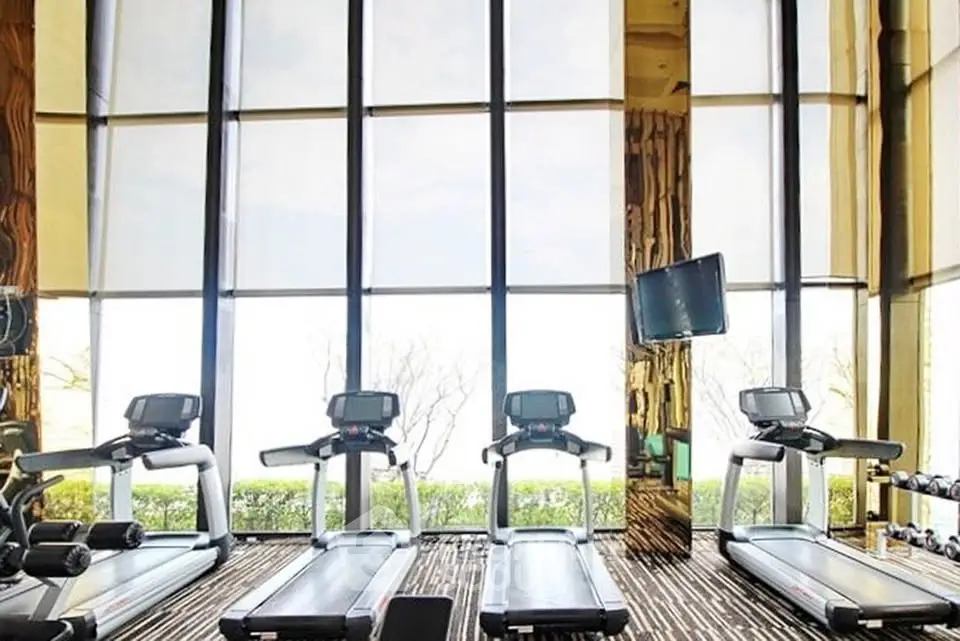Luxurious gym with modern treadmills and floor-to-ceiling windows offering scenic views.