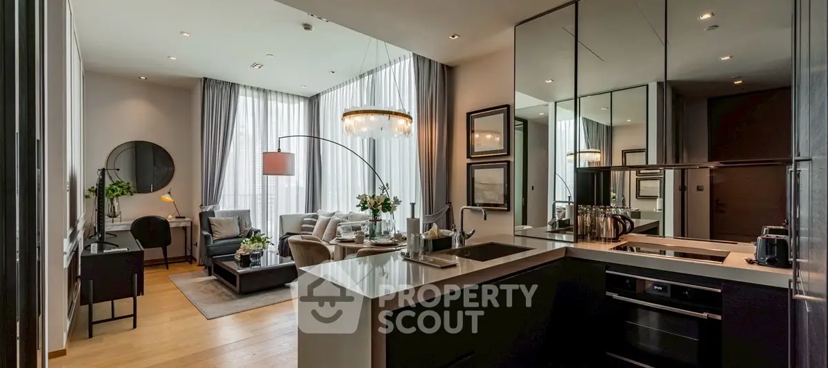Luxurious modern living room with open kitchen and elegant decor
