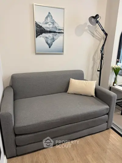 Cozy living room with modern gray sofa and stylish decor