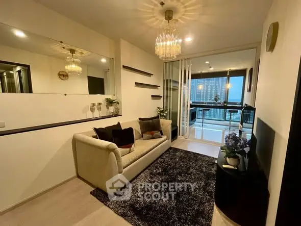 Stylish living room with modern decor and city view balcony in luxury apartment.