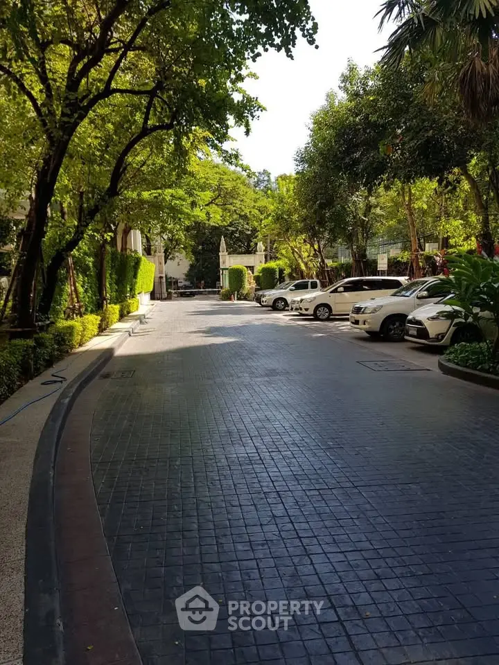 Beautifully landscaped driveway with lush greenery and parked cars in a serene residential area.