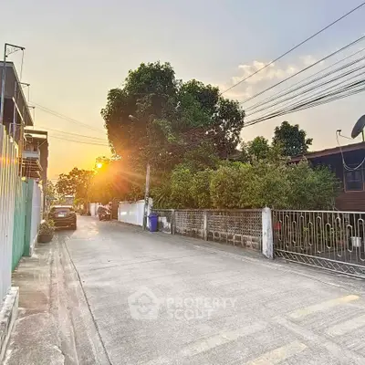 Charming residential street view at sunset with lush greenery and serene ambiance.