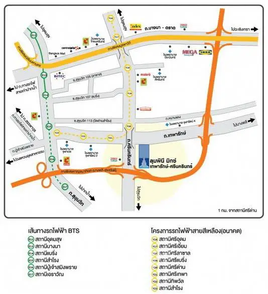 Map showing BTS and MRT routes near Sukhumvit area with landmarks and future stations.