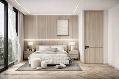 Luxurious modern bedroom with floor-to-ceiling windows and elegant decor