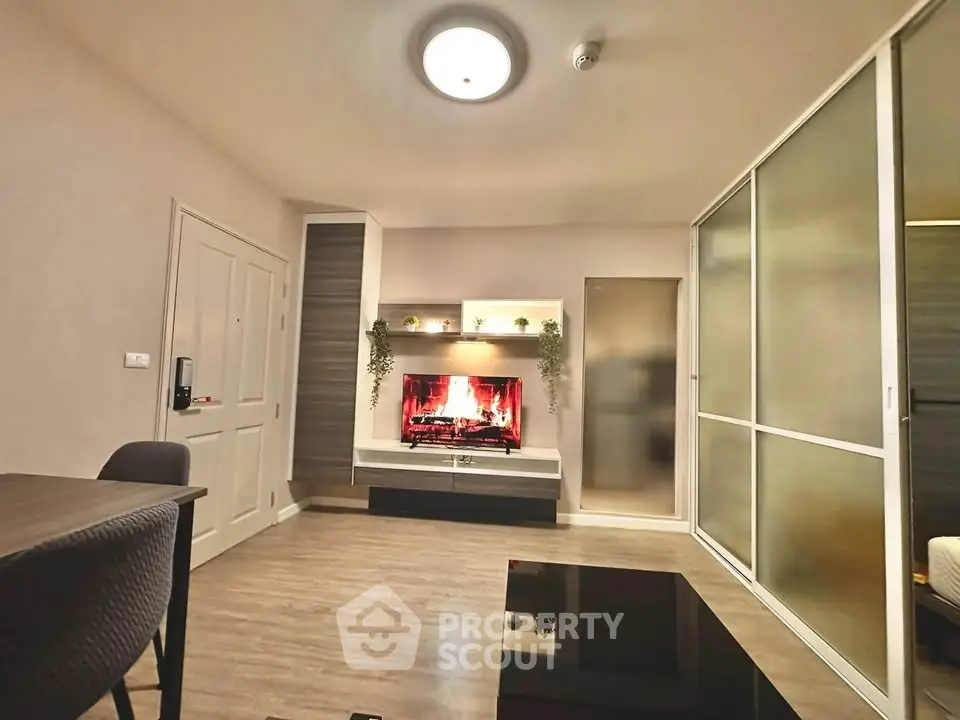 Modern living room with stylish decor and cozy fireplace ambiance