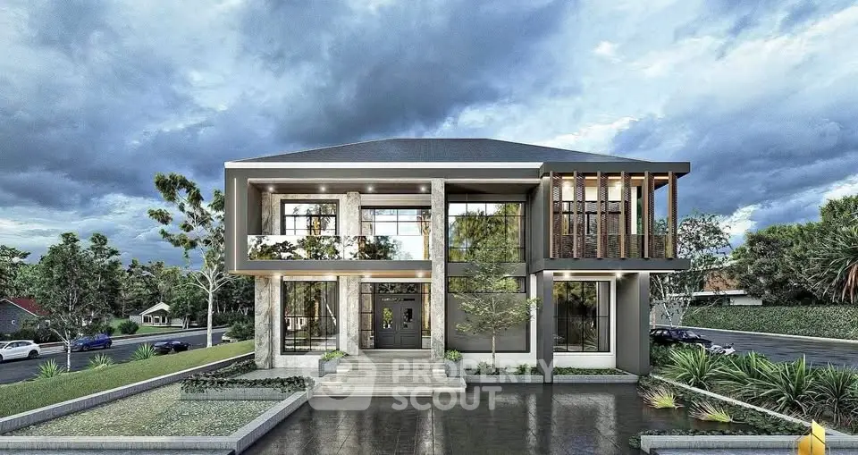 Stunning modern two-story house with sleek design and lush landscaping