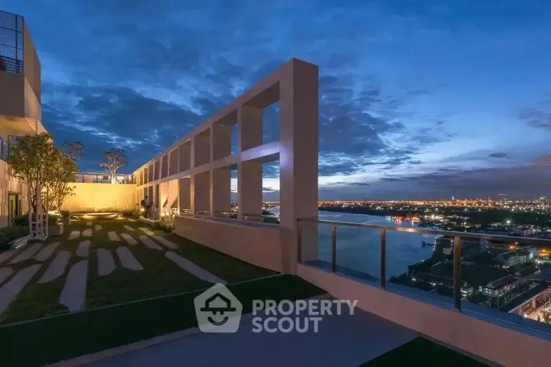 Stunning rooftop view with modern architecture and city skyline at dusk