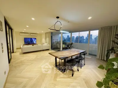 Spacious modern living room with city view and elegant dining area