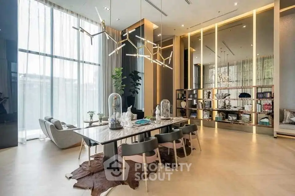 Luxurious modern living room with elegant dining area and floor-to-ceiling windows