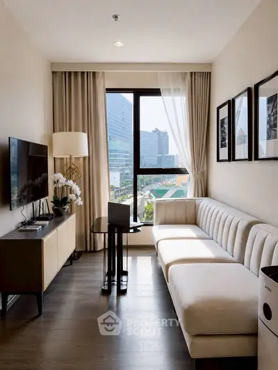 Modern living room with large window and stylish decor in urban apartment