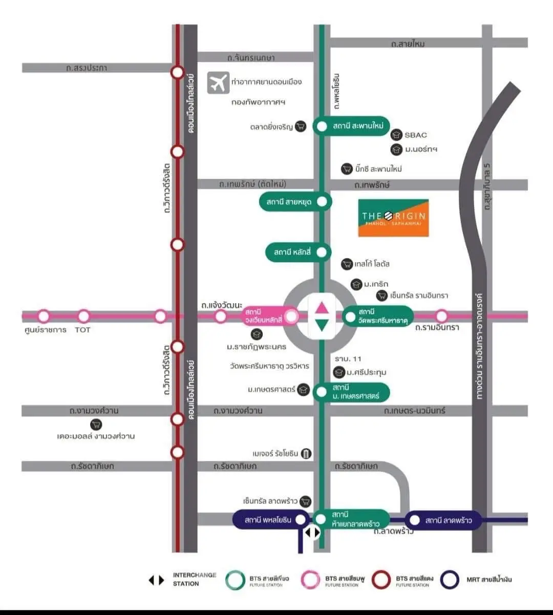 Map showing real estate location near BTS and MRT stations in vibrant urban area.