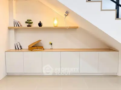 Modern minimalist interior with sleek storage and elegant decor under staircase