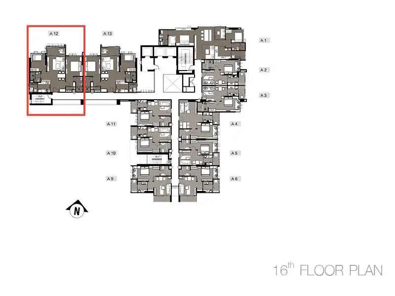 16th floor plan showcasing apartment layout with highlighted section for easy navigation.