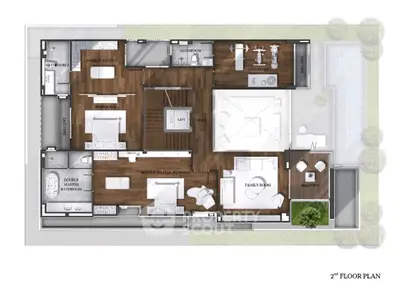 Luxurious 2nd floor plan featuring double master bedrooms, family room, and spacious balcony.