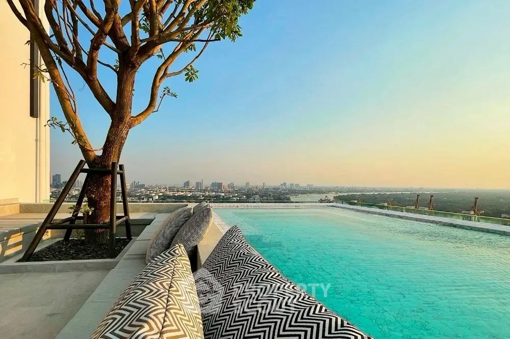 Luxurious rooftop pool with stunning city skyline view at sunset, perfect for relaxation and entertainment.