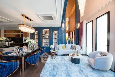 Luxurious open-plan living room with elegant dining area and modern decor