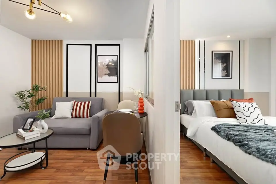 Modern studio apartment with stylish decor and cozy living area