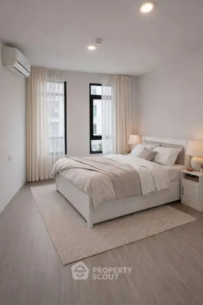 Modern bedroom with elegant decor and natural light, featuring a cozy bed and stylish furnishings.