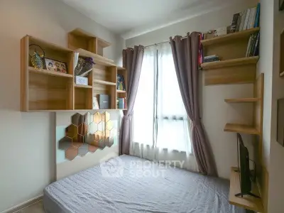 Cozy bedroom with modern shelving and natural light