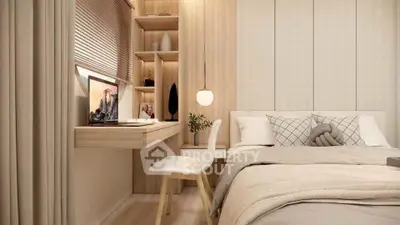 Modern bedroom with cozy decor and built-in study desk