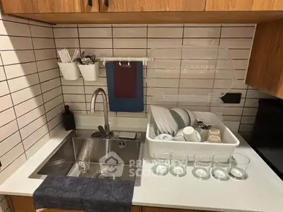 Modern kitchen with sleek sink and dish rack, featuring stylish wooden cabinets and tiled backsplash.