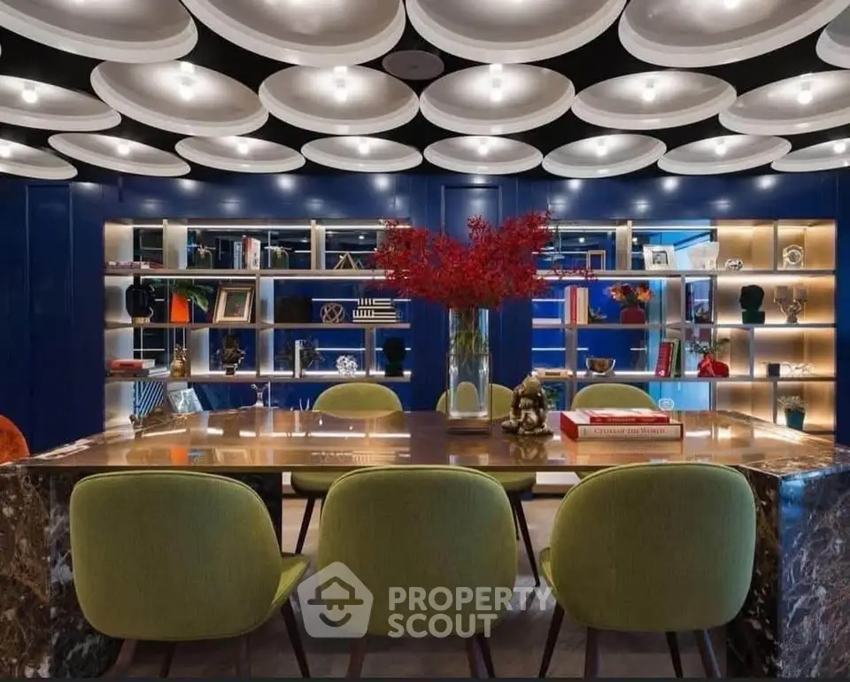 Luxurious modern dining room with unique ceiling design and elegant decor