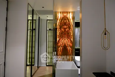 Luxurious bathroom with modern design and striking illuminated feature wall