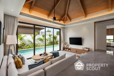 Luxurious living room with pool view, high ceilings, and modern decor.