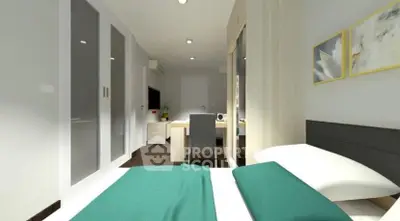 Modern bedroom with sleek design, featuring a cozy bed, stylish decor, and ample storage space.