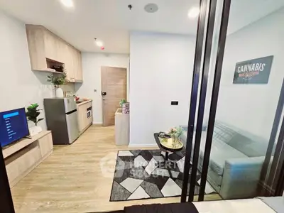 Modern apartment interior with open kitchen and cozy living area