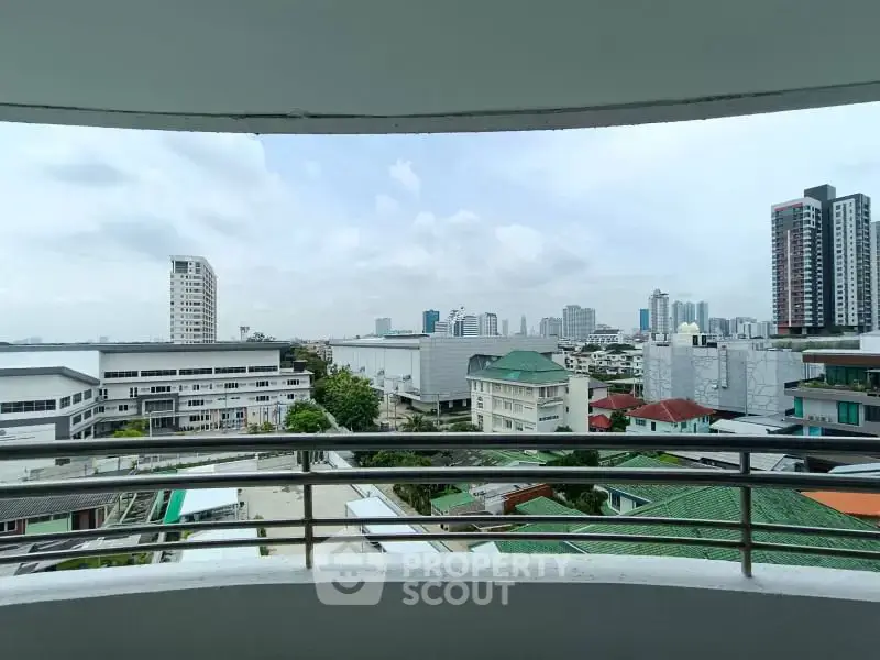 Stunning cityscape view from a modern balcony, showcasing urban skyline and architectural diversity.