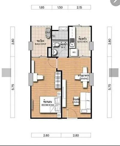 Modern apartment floor plan with balcony, kitchen, bedroom, and living area layout.