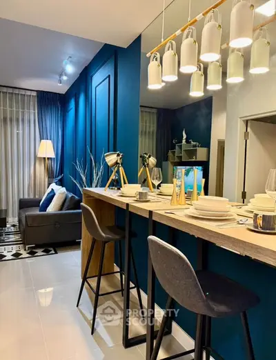 Stylish modern living room with elegant dining area and chic decor