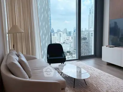 Luxurious living room with stunning city view and modern furnishings in high-rise apartment.