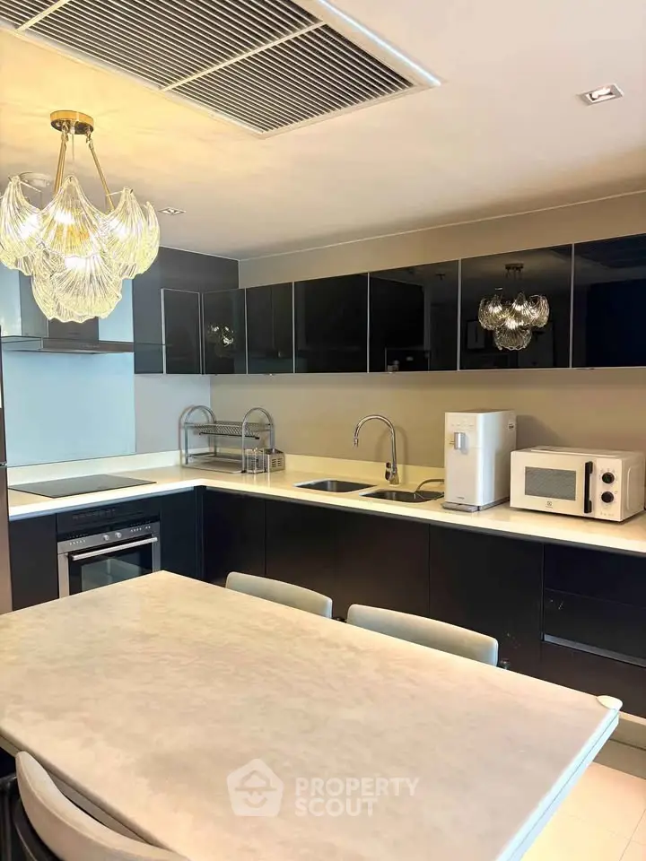 Modern kitchen with sleek black cabinets, stylish lighting, and integrated appliances for a luxurious cooking experience.