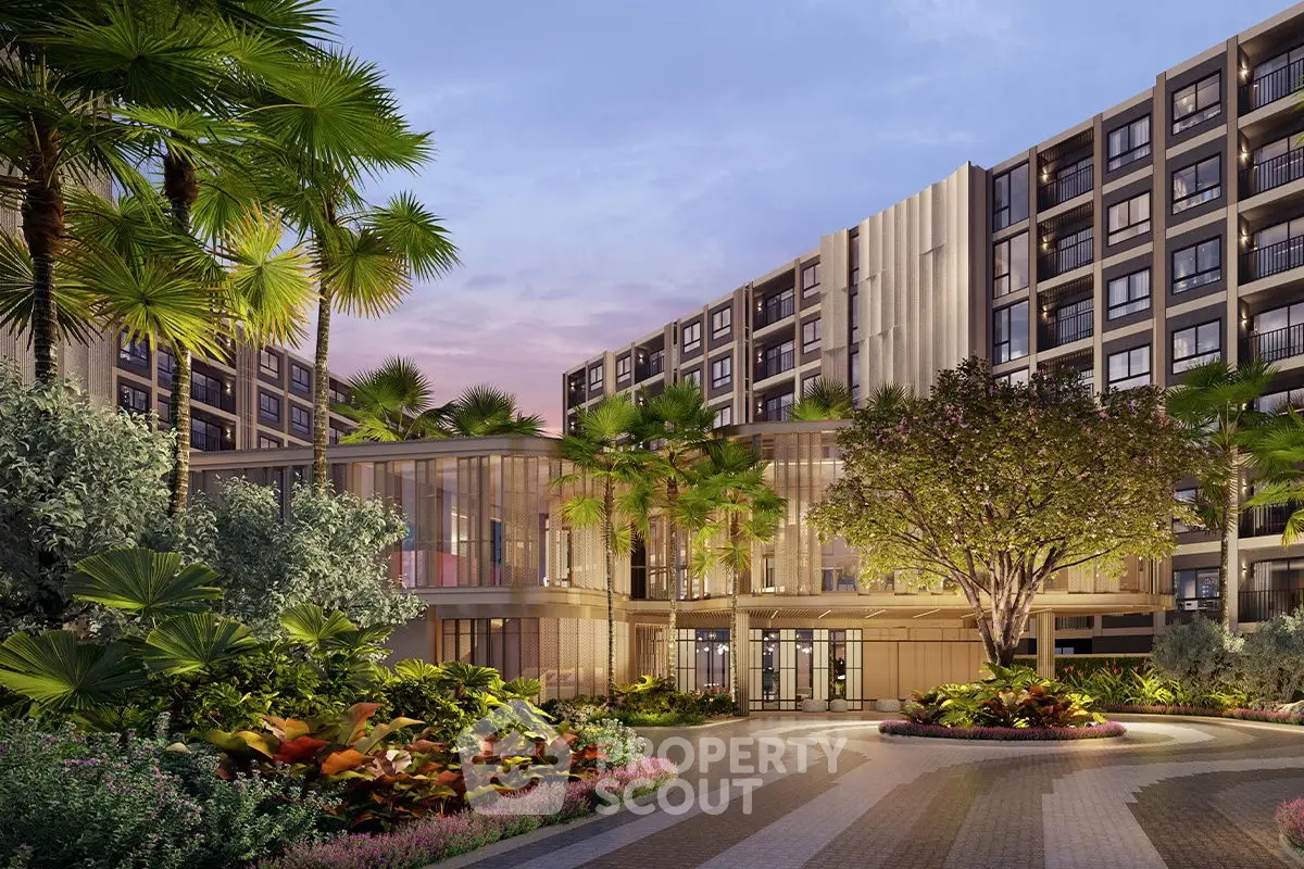 Luxurious modern apartment building with lush landscaped garden and stunning architectural design.