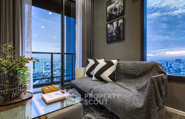 Luxurious living room with stunning city view and modern decor