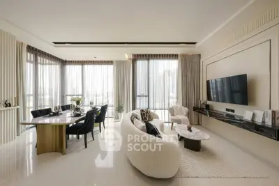 Luxurious modern living room with elegant dining area and large windows
