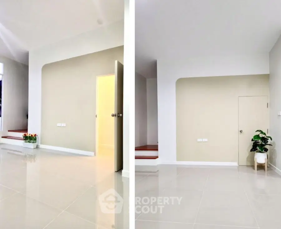 Spacious minimalist interior with sleek tiled flooring and neutral walls, perfect for modern living.