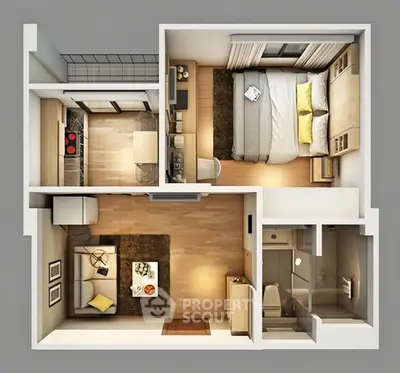 Modern apartment floor plan with cozy living room and stylish bedroom.